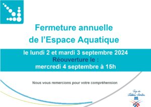 Lire la suite à propos de l’article Fermeture annuelle de l’Espace Aquatique les 2 et 3 septembre