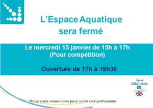 Lire la suite à propos de l’article Fermeture de l’Espace Aquatique le 15 janvier de 15h à 17h