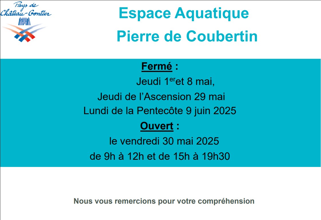 Lire la suite à propos de l’article Espace Aquatique – Fermeture jours fériés + ouverture 30/05