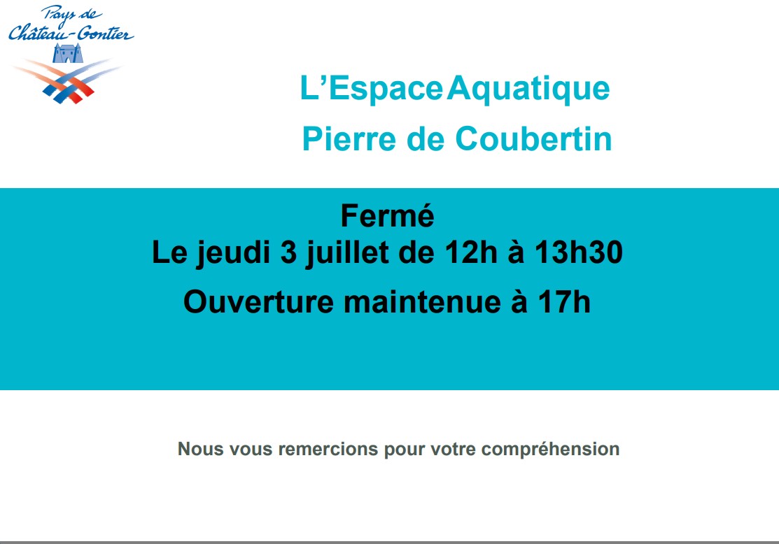 Lire la suite à propos de l’article Espace Aquatique : Fermeture exceptionnelle jeudi 3/07 de 12h à 13h30